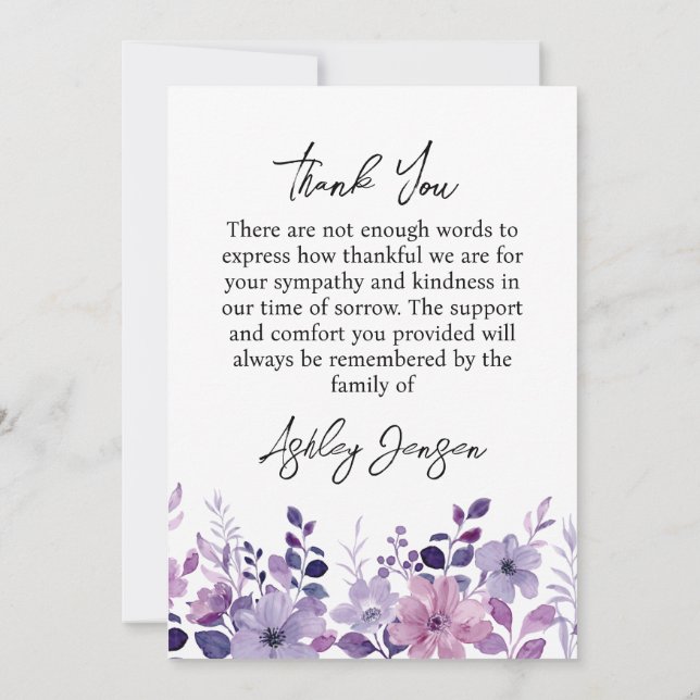 Sympathy Purple Floral Thank You Card (Back)