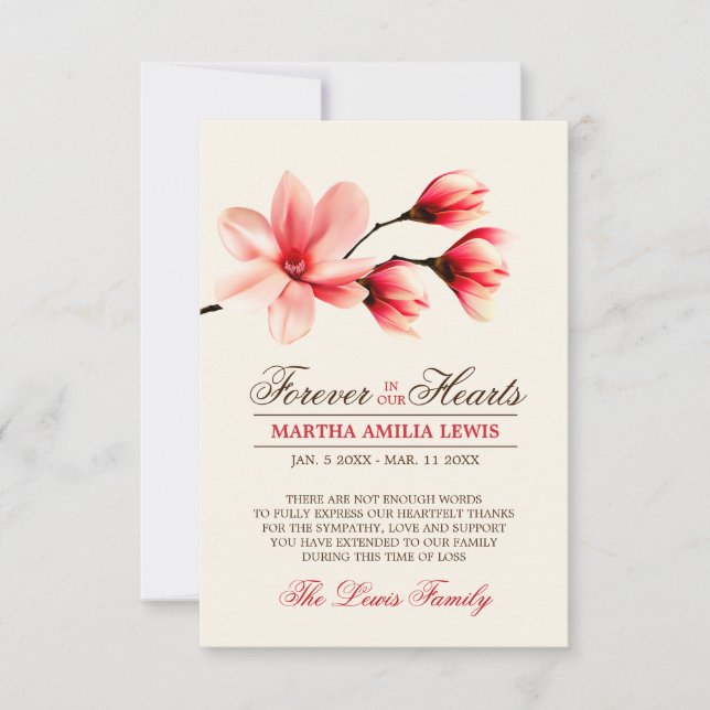 Sympathy Red Pink Flower Magnolia THANK YOU Card (Front)