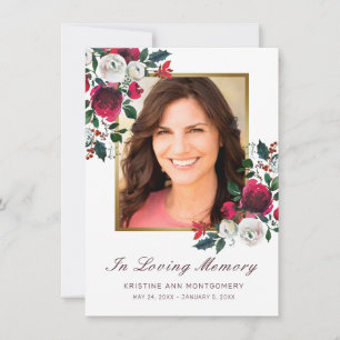 Sympathy Red Rose Floral Gold Cross Photo Funeral  Thank You Card
