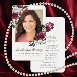 Sympathy Red Rose Floral Gold Photo Prayer Card<br><div class="desc">Send this elegant custom floral prayer card to family and friends in remembrance of your loved one. This design features a photo on the front framed in faux gold with hand painted red and white watercolor roses with greenery. Below in burgundy script are the words "In Loving Memory" with a...</div>