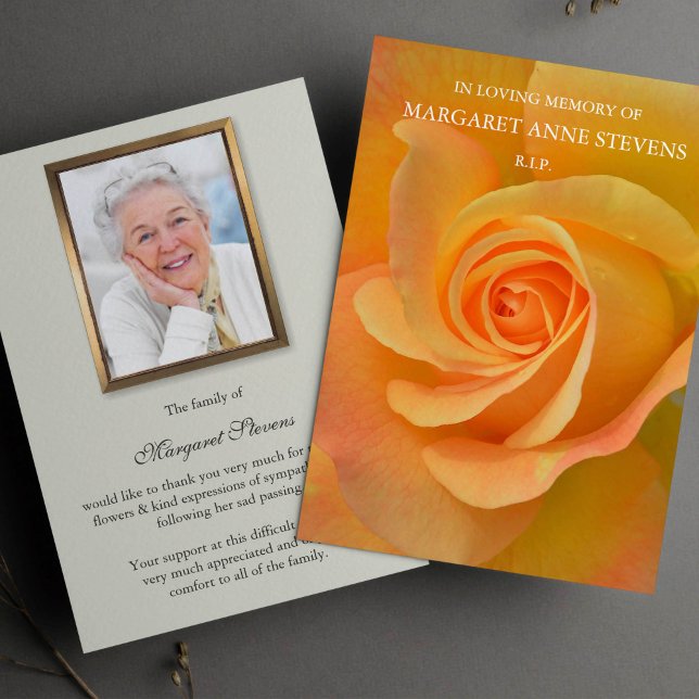 Sympathy Rose Photo Funeral Thank You Card (Orange Rose Memorial Bereavement Sympathy Funeral Thank You Card)