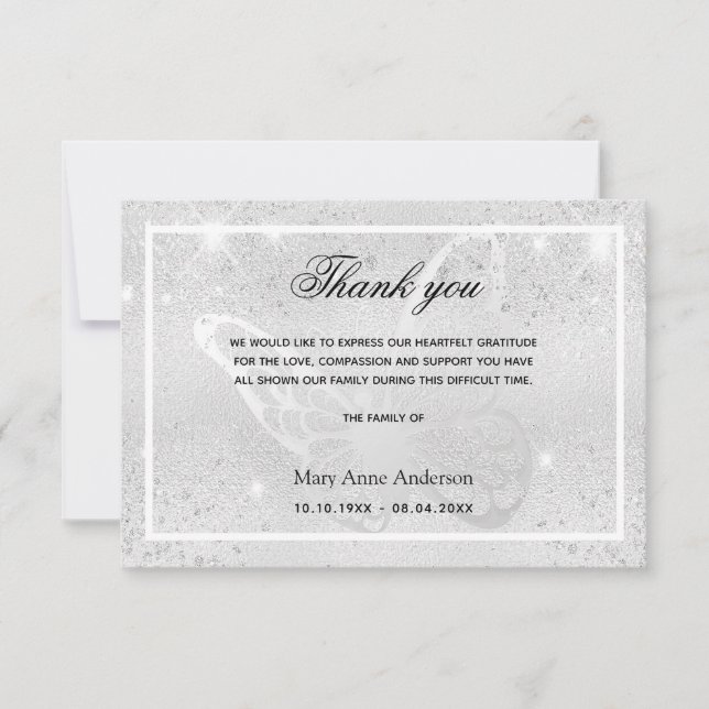 Sympathy silver butterfly thank you card (Front)