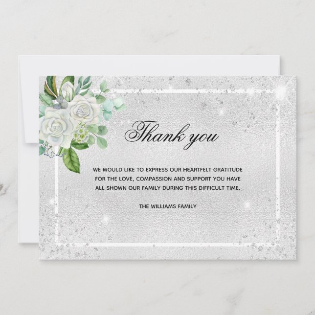 Sympathy silver glitter floral photo thank you (Front)