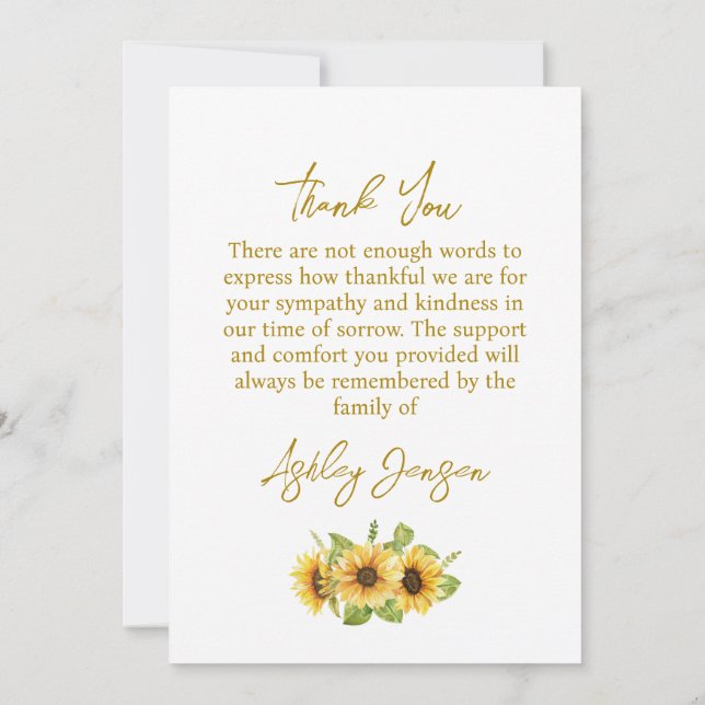 Sympathy Sunflower Funeral Thank You Card (Back)