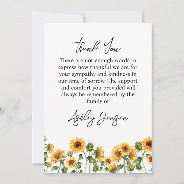 Sympathy Sunflower Funeral Thank You Card (Back)