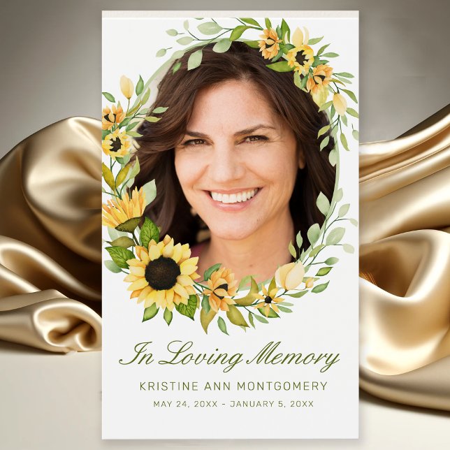 Sympathy Sunflower Green Script Photo Poem Card (Modern Yellow Sunflower Floral Photo Memorial Funeral Card with Poem)