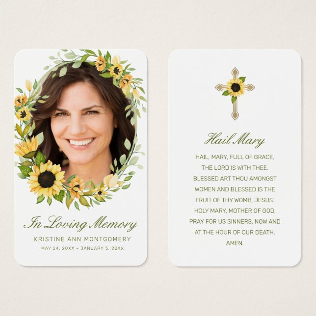 Sympathy Sunflower Green Script Photo Prayer Card (Front & Back)