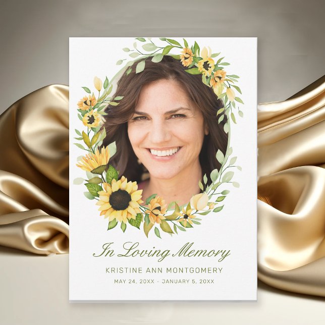 Sympathy Sunflower Green Script Photo  Thank You Card (Modern Yellow Sunflower Photo Memorial Funeral Thank You Card)