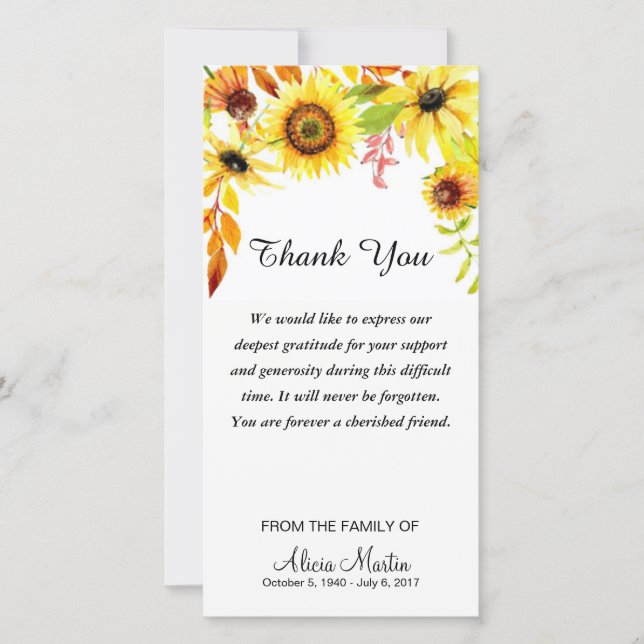 Sympathy Thank You Memorial Watercolor Sunflowers (Front)