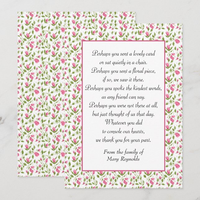Sympathy Thank You Pink Roses Card (Front/Back)