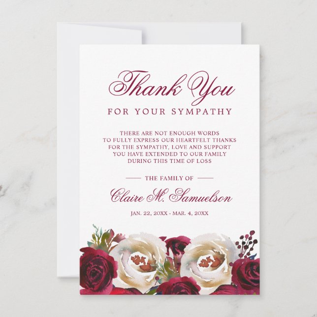 Sympathy Watercolor Floral Burgundy Funeral Thank You Card (Front)
