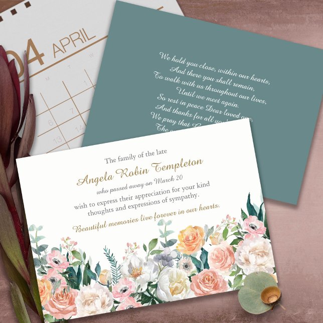 Sympathy Watercolor Roses Funeral Thank You Cards (funeral thank you cards, bereavement, elegant, simple, celebration of life, sympathy card)