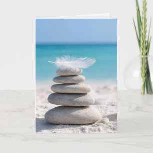 Sympathy White Feather on a Beach Cairn Card