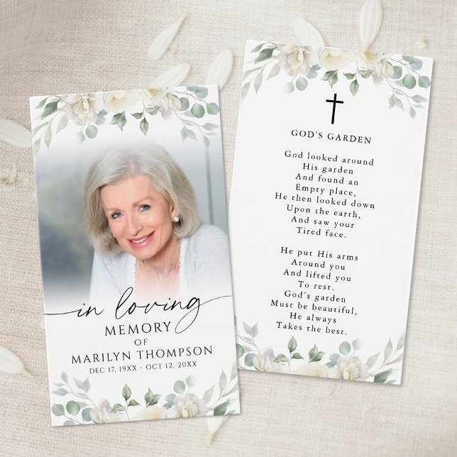 Sympathy White Floral Cross Photo Prayer Card (Creator Uploaded)