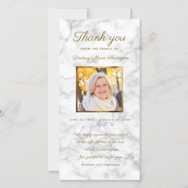 Sympathy White Marble Memorial Gold Photo Frame Thank You Card (Front)