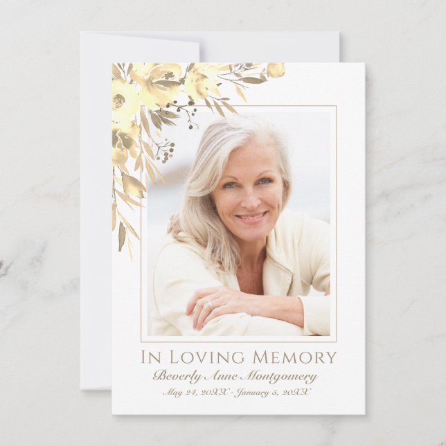 Sympathy Yellow Rose Floral Photo Memoiral Funeral Thank You Card (Front)