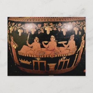 Symposium showing three men playing cottabos postcard