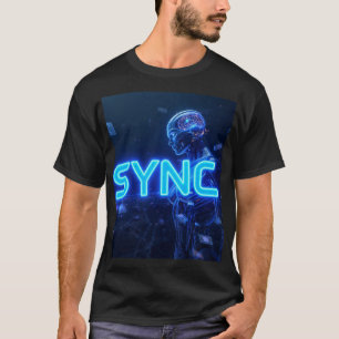 SYNC - Human Brain AI Cyberpunk Neon Blue Technolo T-Shirt