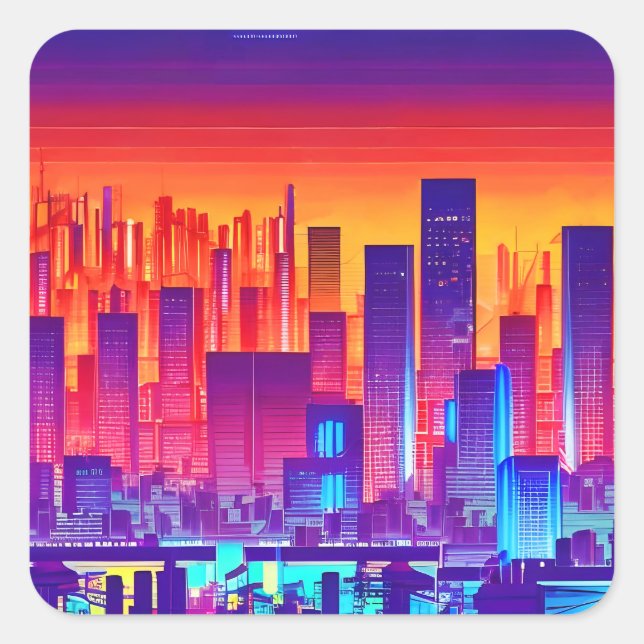 Synthwave/Cyberpunk City at Sunset Square Sticker (Front)