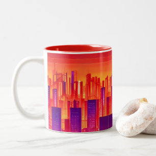 Synthwave/Cyberpunk City at Sunset Two-Tone Coffee Mug