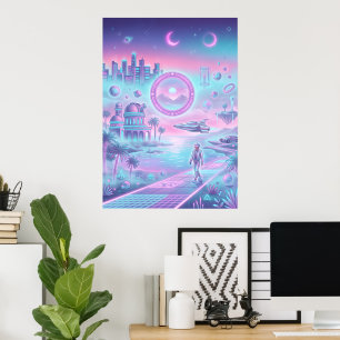 Synthwave Futuristic City Poster Neon Sci-Fi Wal