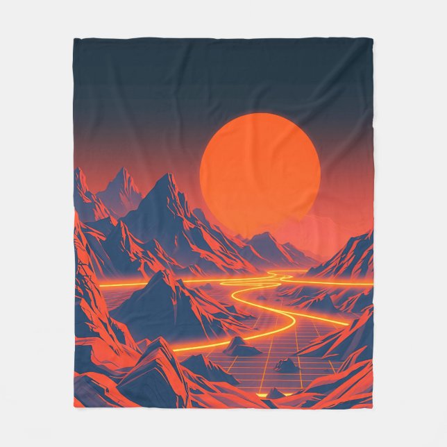Synthwave Landscape with Neon Mountains Fleece Blanket (Front)