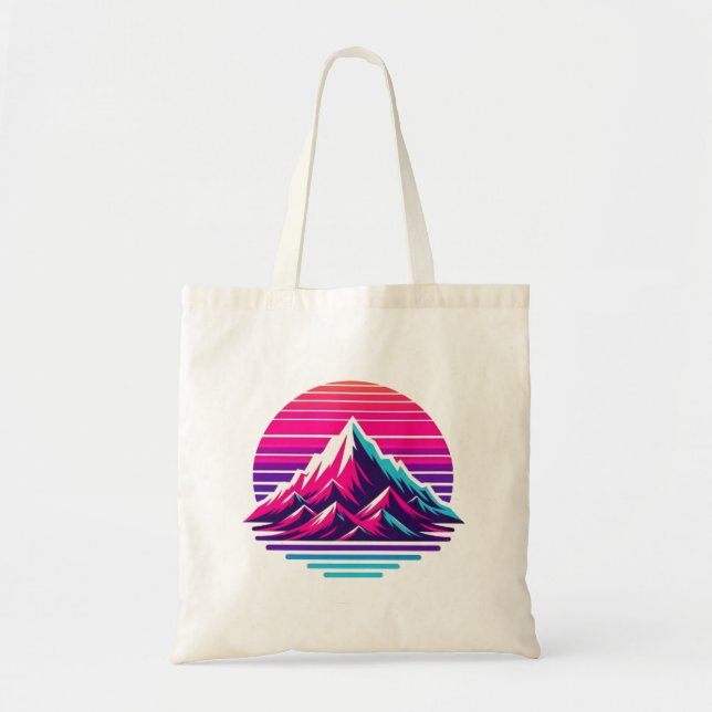 Synthwave Mountain Tote Bag – Retro Sunset Vibes (Front)