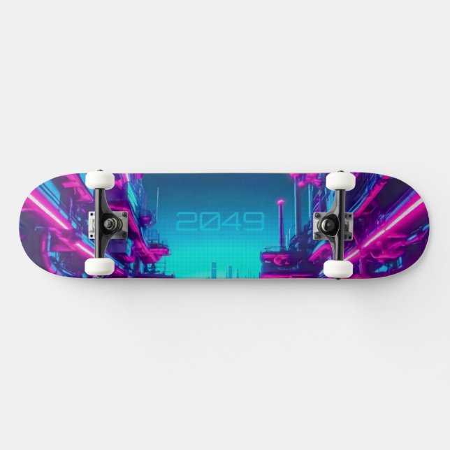 Synthwave Neon City Cyberpunk Industrial Skateboard (Horz)
