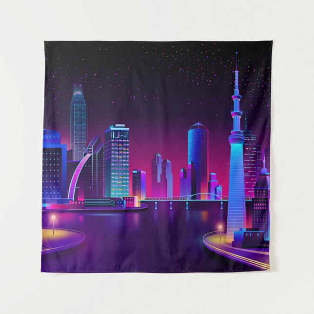 Synthwave Neon City ⛔ Vector art Tapestry (Front)