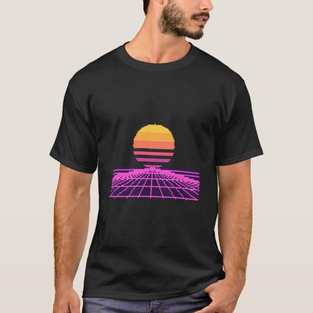 Synthwave Neon Sunset Grid Retro 80s Shirt (Front)