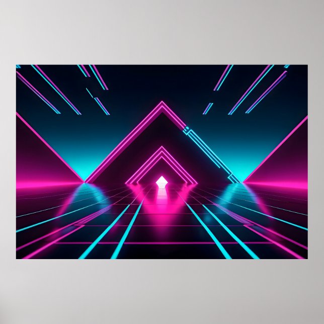 Synthwave Neon Tunnel Glowing Pyramid Abstract Poster (Front)