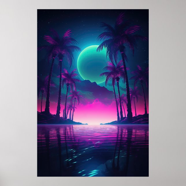 Synthwave Oasis: A Nighttime Escape to Paradise Poster (Front)