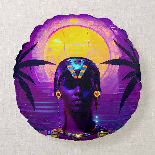 Synthwave Pharaoh Round Cushion (Front)