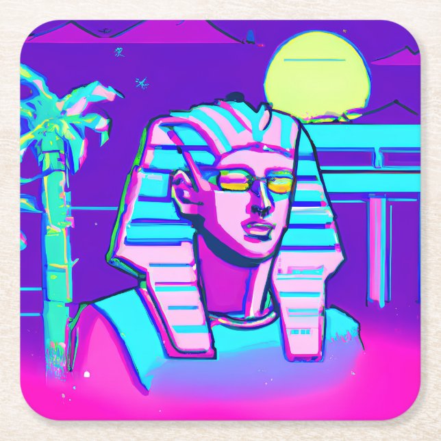Synthwave Pharaoh Square Paper Coaster (Front)