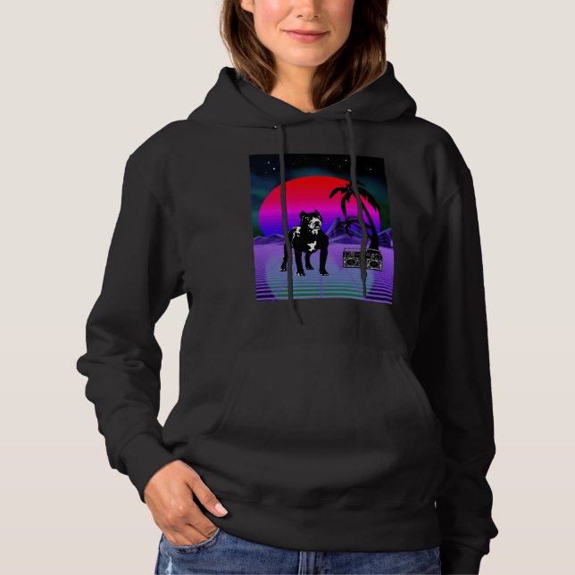 Synthwave Pitbull Dog Retro Boom Box Hoodie (Front)