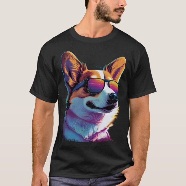 Synthwave Retrowave Corgi Dog with Sunglasses Retr T-Shirt (Front)