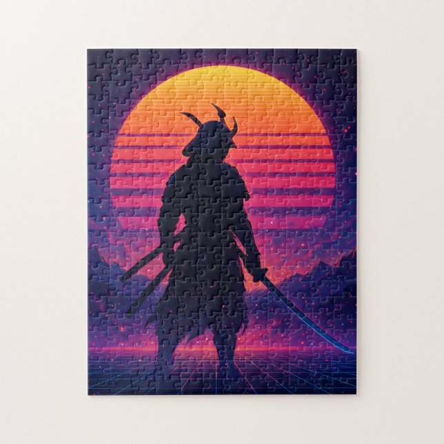 Synthwave Samurai – Retro Futuristic Neon Art Jigsaw Puzzle (Vertical)