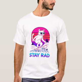 Synthwave Skateboarding Cat – Retro Neon “Stay Rad T-Shirt