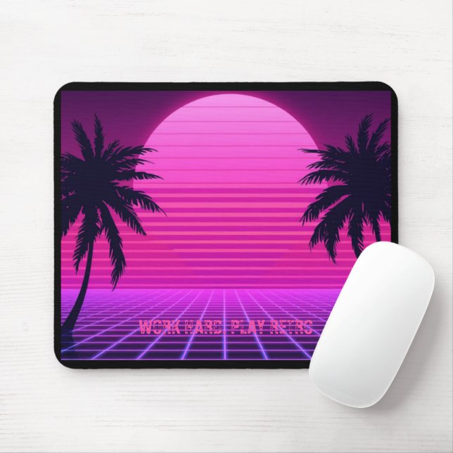 Synthwave Sunset Retro 80s Aesthetic Large  Mouse Mat (With Mouse)
