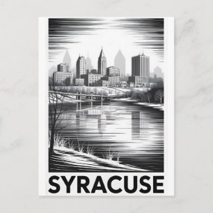 Syracuse New York Skyline Black White Woodcut Holiday Postcard