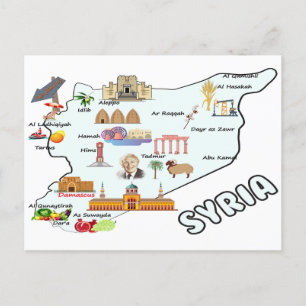 Syria map, major cities names flag Syrian national Postcard