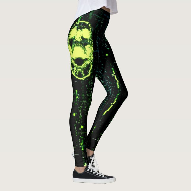 System Error Cyberpunk Screaming Skull Green Leggings (Right)