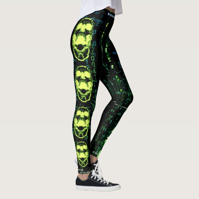 System Error Cyberpunk Screaming Skull Green Leggings (Right)