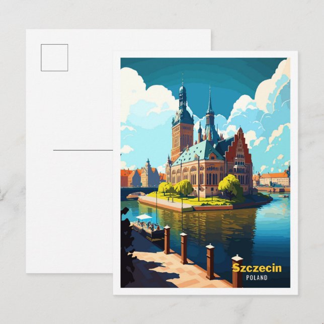 Szczecin Poland Art Vintage Travel Illustration Postcard (Front/Back)