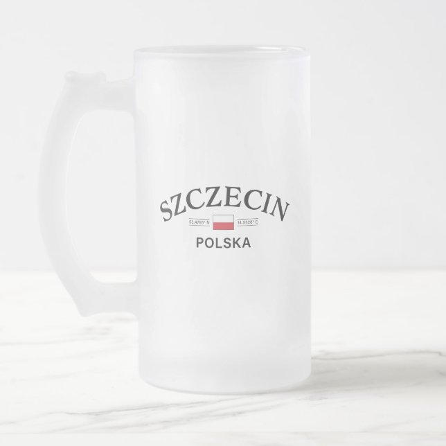 Szczecin Polska (Poland) Polish Coordinates Frosted Glass Beer Mug (Left)