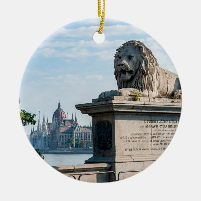 Szechenyi Chain Bridge and Parliament of Budapest Ceramic Tree Decoration (Front)