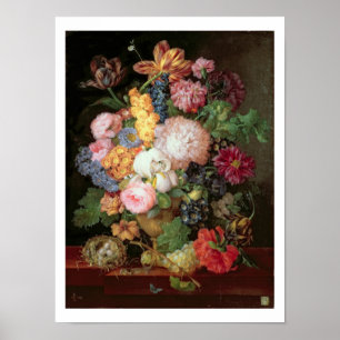 T30763 A Still Life of Flowers and Fruit (panel) Poster