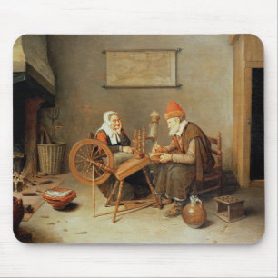 T31883 An interior with a old woman at a spinning Mouse Mat
