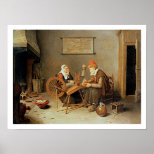 T31883 An interior with a old woman at a spinning Poster