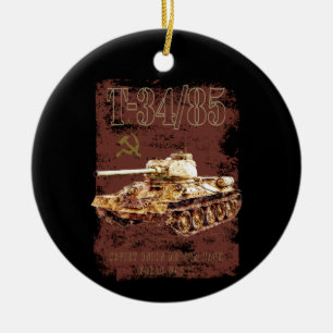 T-34-85 Soviet Union Medium Tank of WWII and Flag Ceramic Tree Decoration